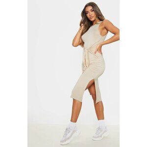 NWT Pretty Little Thing Beige Tie Waist Bodycon Dress - 4